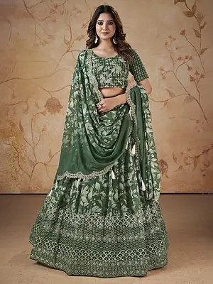 Everglade Faux Georgette Leaf Digital Print Zari & Sequins Embroidery Work Lehenga Choli & Tassels Dupatta