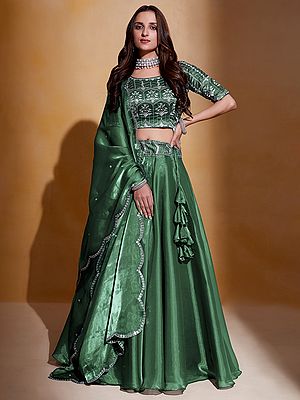 Spring-Leaves Organza Thread & Sequins Embroidery Work & Tassels Designer Party Wear Lehenga Choli