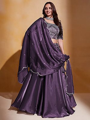 Plum-Purple Organza Thread & Sequins Embroidery Work & Tassels Party Wear Lehenga Choli