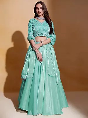 Mint-Tulip Organza Thread & Sequins Embroidery Work & Tassels Designer Party Wear Lehenga Choli