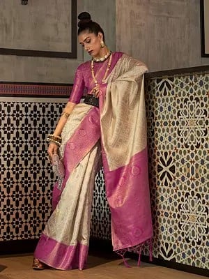 Zari Base Chaap Handloom Weaving Designer Silk Saree With Blouse & Tassels Pallu