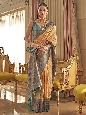 Bamboo Copper Zari Handloom Weaving Work Designer Silk Saree With Blouse & Tassels Pallu For Party Occasion