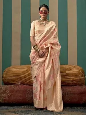 Designer Floral Handloom Weaving Linen Saree With Blouse For Festival Occasion