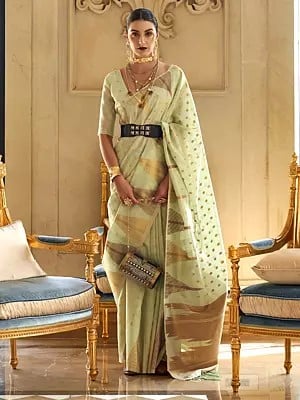 Small Butti Pettern Khicha Tissue Zari Silk Saree With Handloom Weaving And Tassels Pallu