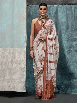 Off White Digital Printed Floral Motif Silk Crepe Saree With Blouse