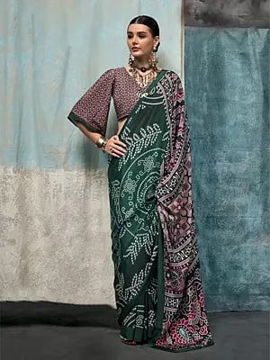 Dark-Green Digital Printed Silk Crepe Saree For Festive Occasions With Attractive Pallu