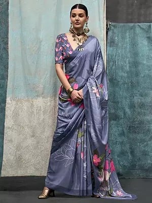 Slate-Grey Silk Crepe Saree With Blooming Flower Pattern Digital Print