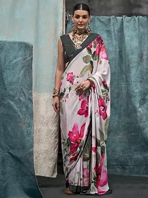 Digital Floral Printed Silk Crepe Festival Wear Saree In Stunning-White With Blouse