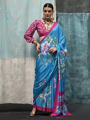 Azure-Blue Big Floral Pattern Digital Printed Silk Crepe Saree For Women's