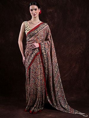 Multicolor Kalamkari Saree from Telangana with Block Printed Paisleys and Flowers