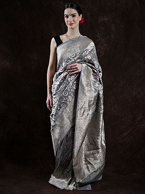 Rock-Ridge Pure Silk Brocaded Meenakari Banarasi Saree with All-Over Zari Woven Floral Jaal