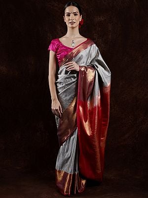 Mirage-Gray Kanjivaram Saree from Bangalore with All Over Zari Woven Stripes and Contrast Border