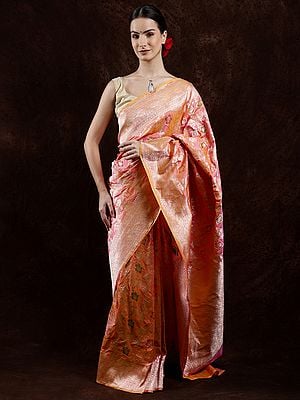 Strawberry-Pink Iridescent Dhoop Chaanv Banarasi Saree with All Over Zari Woven Floral Vines