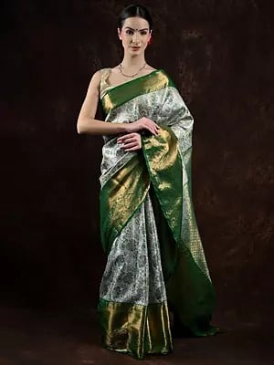 Glacier-Gray Art Silk Saree with Golden Thread Work Flowers and Peacock Wide Border