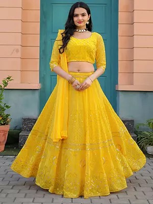 Lightning-Yellow Faux Georgette Thread Embroidery And Mirror Style Sequence Work A Line Lehenga Choli And Designer Dupatta