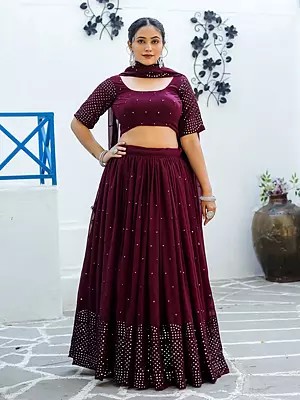 Cocoa-Bean Thread Embroidery And Mirror Style Sequence Work Faux Georgette A Line Lehenga And Designer Dupatta