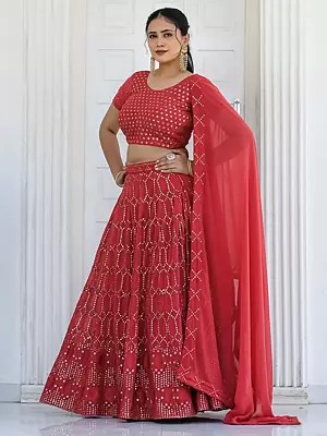 Reddish Faux Georgette Thread Embroidery And Mirror Style Sequence Work A Line Lehenga Choli