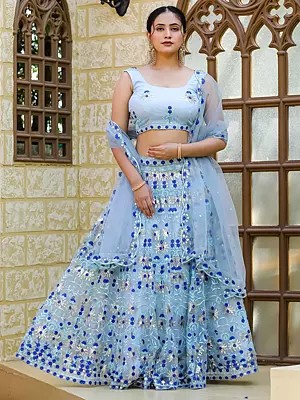 Pale-Cerulean Net Thread Floral Embroidery And Sequence Work A Line Lehenga With Net Dupatta