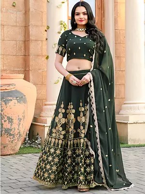 Mineral-Green Faux Georgette Floral Thread Embroidery And Sequence Work A Line Lehenga With Designer Dupatta