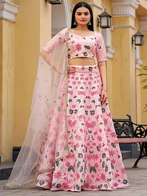 Pale-Pink Silk Thread Floral Embroidery Work A Line Lehenga Choli With Designer Net Dupatta