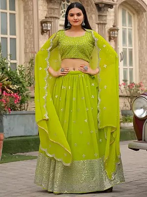 Pistachio-Green Faux Georgette Thread Embroidery And Mirror Work A Line Lehenga Choli With Net Dupatta