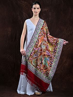 Biking-Red Pure Wool Kashmiri Stole with All-Over Aari Hand-Embroidered Birds and Leaves