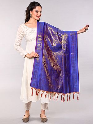 Venkateswar Brocaded Prayer Shawl from Tamil Nadu with Woven Om Namo Venkatesaya Namaha Mantra and Vaishnava Symbols