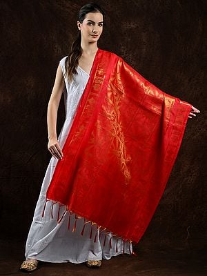 Venkateswar Brocaded Prayer Shawl from Tamil Nadu with Woven Om Namo Venkatesaya Namaha Mantra and Vaishnava Symbols