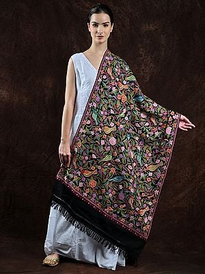 Black-Onyx Pure Wool Stole from Kashmir with Multi-Color Aari Embroidered Birds and Leaf by Hand