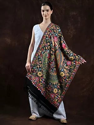 Black-Onyx Pure Wool Stole from Kashmir with Aari Embroidered Peacock and Flowers by Hand in Multicolor