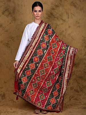 Phulkari Dupatta from Punjab with Multicolor Thread Embroidery and Bead-Mirror Work