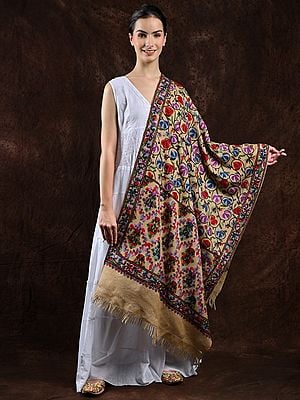 Taos-Taupe Pure Wool Stole from Kashmir with Aari Hand-Embroidered Floral Jaal