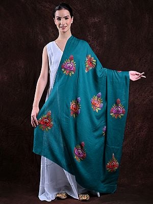 Tile-Blue Kashmiri Pure Wool Shawl with Aari Embroidered Flowers by Hand