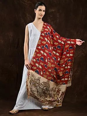 Red-Dahlia Cotton Kalamkari Dupatta from Telangana with Hand-Printed Kathak Hand Mudras and Wedding Palanquin