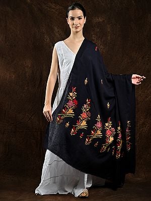 Night-Sky Pure Wool Hand Aari Embroidered Shawl from Kashmir