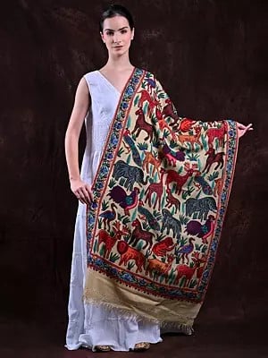 Creme-Brulee Pure Wool Srinagar Stole with Birds and Animals Aari Embroidery by Hand