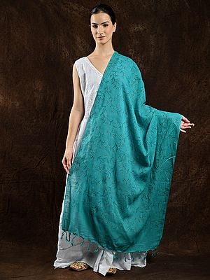 Peacock-Blue Cotton Dupatta with Printed Floral Vines