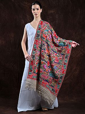 Feather-Gray Pure Wool Stole from Kashmir with Aari Hand-Embroidered Birds and Animals