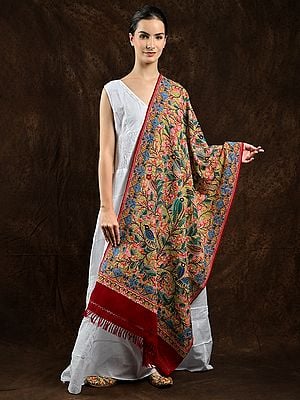 Rumba-Red Pure Wool Kashmiri Stole with Dense Aari Embroidered Birds by Hand