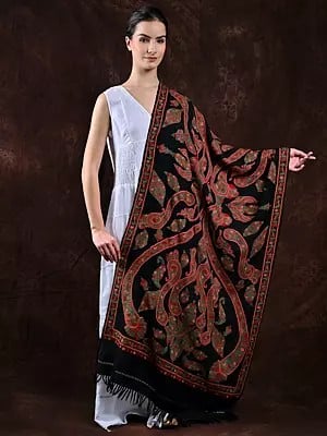 Pirate-Black Pure Wool Stole from Kashmir with Paisleys Aari Embroidery by Hand in Multicolor