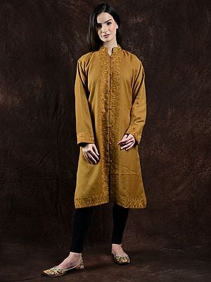 Ecru-Olive Pure Wool Long Jacket from Kashmir with Paisleys Aari Hand-Embroidery on Border