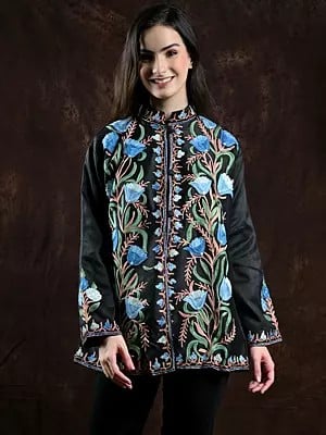 Forest-River Kashmiri Short Jacket with Aari Embroidered Flowers in Multicolor