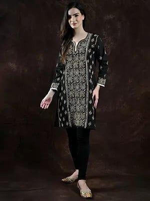 Bristol-Black Pure Cotton Kurti with Lukhnavi Chikankari Embroidery by Hand