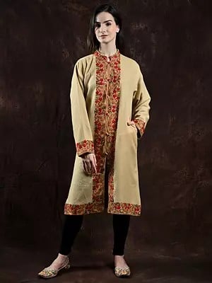 Taos-Taupe Pure Wool Kashmiri Long Jacket with Floral Aari Embroidered Border by Hand