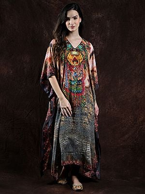 Multicolor Digital-Printed Long Kaftan with Beadwork