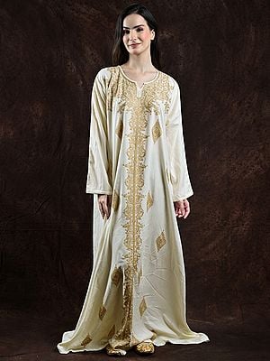 Cannoli-Cream Cotton Aari Embroidered Long Kaftan from Kashmir