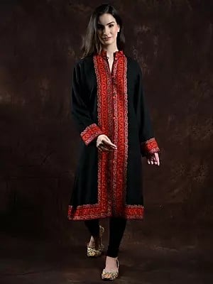 Black-Onyx Pure Wool Long Jacket from Kashmir with Aari Embroidery by Hand