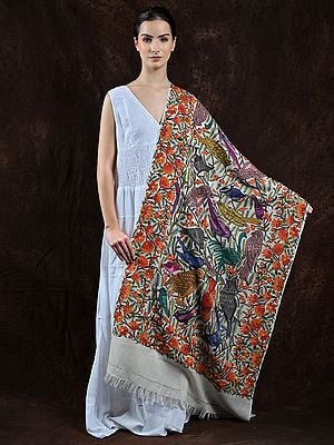 Ivory Pure Wool Stole from Kashmir with Aari Hand-Embroidered Birds and Flowers All-Over