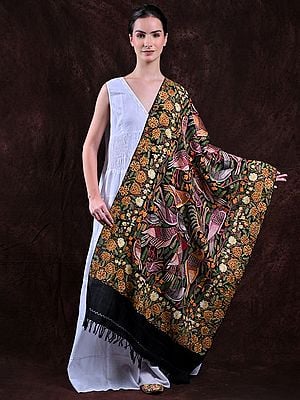 Moonless-Night Pure Wool Stole from Srinagar with Birds and Flowers Aari Embroidery by Hand