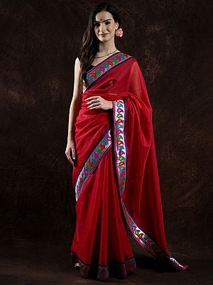 Rococco-Red Graph Check Saree with Zari Work Paisleys Patch Border